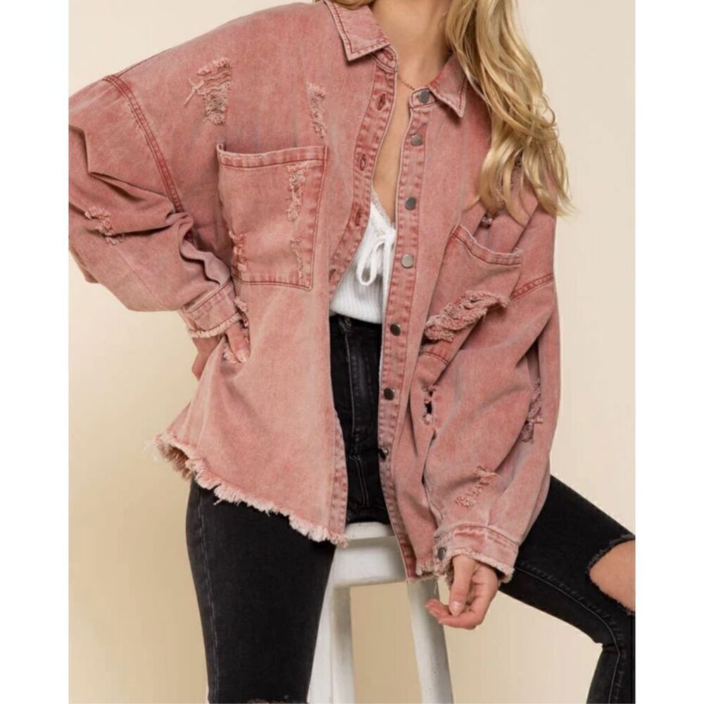 POL Women’s Distressed Denim Shacket Jacket Top Size Medium - Picture 2 of 10